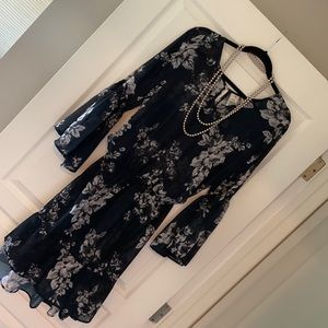 RACHEL navy, gray and white floral blouson dress.